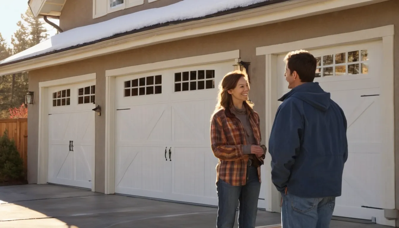 A homeowner and a friendly garage door provider looking at a garage door in Golden